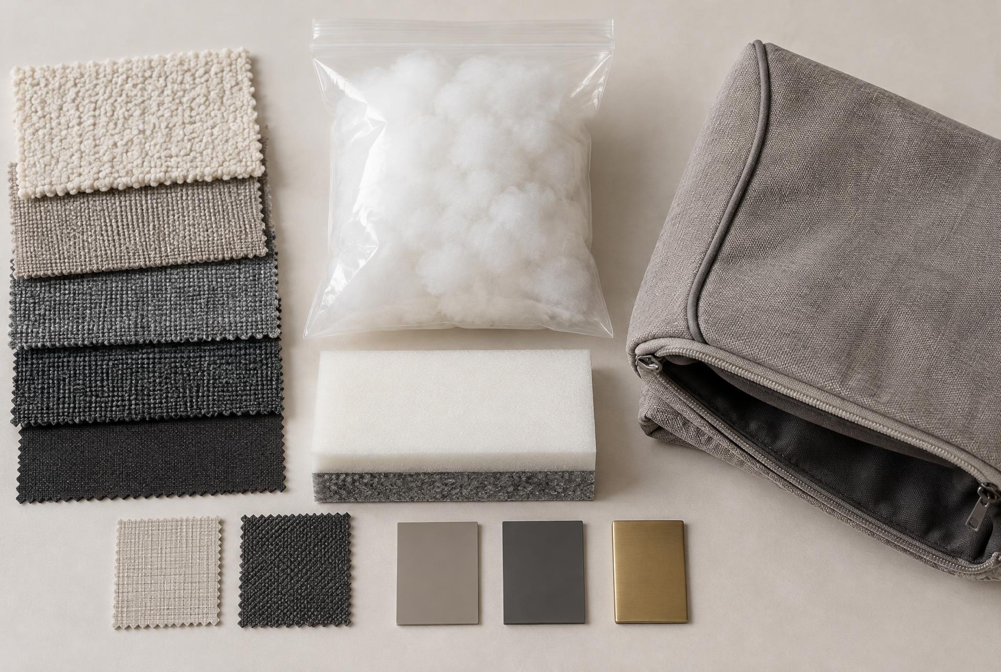 Fabric swatches, fill sample, and a folded cover on a light surface