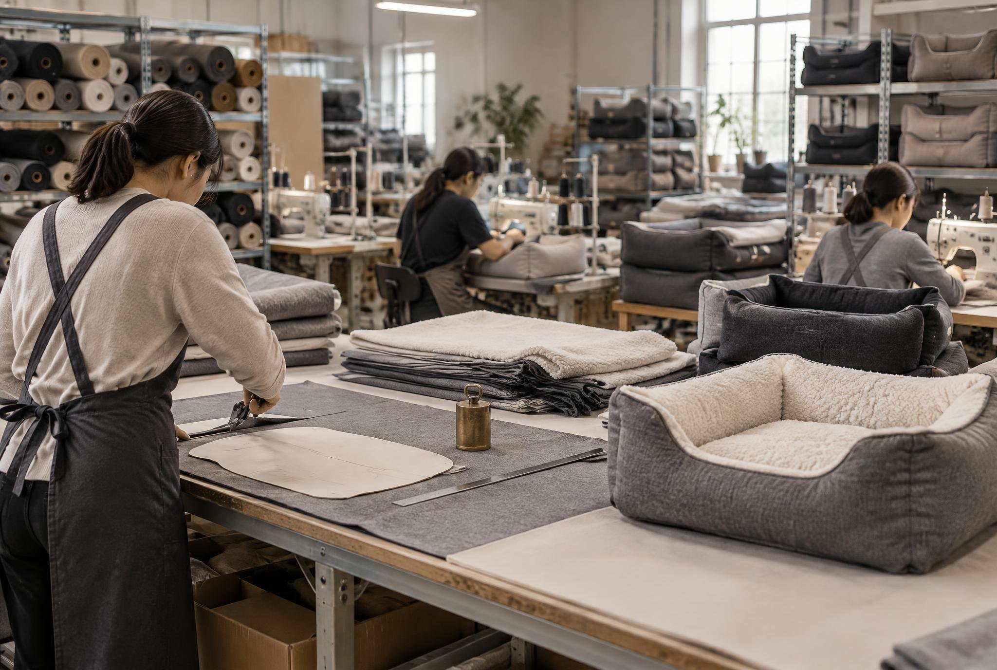 Illustrative pet bed sewing and assembly workshop