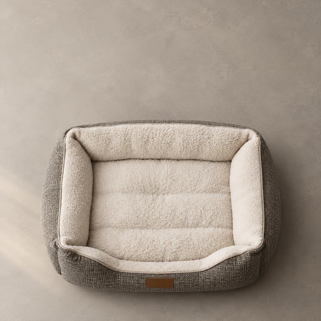 A single dog bed from above on a warm grey backdrop