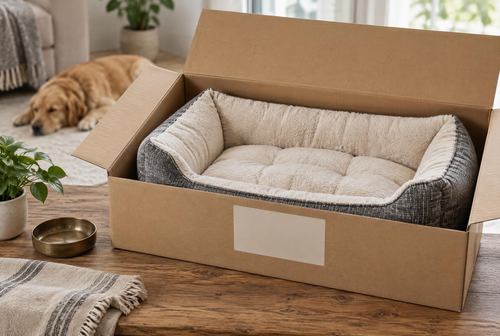 Packed dog bed in a plain carton