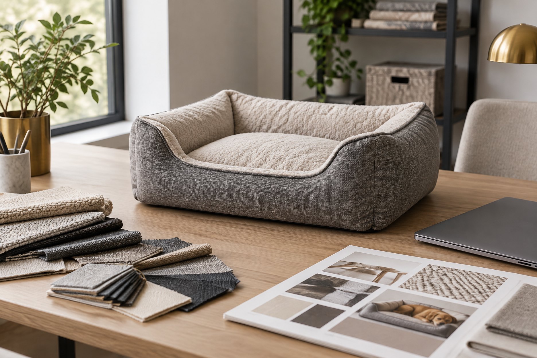 Sample bed and fabric swatches on a desk